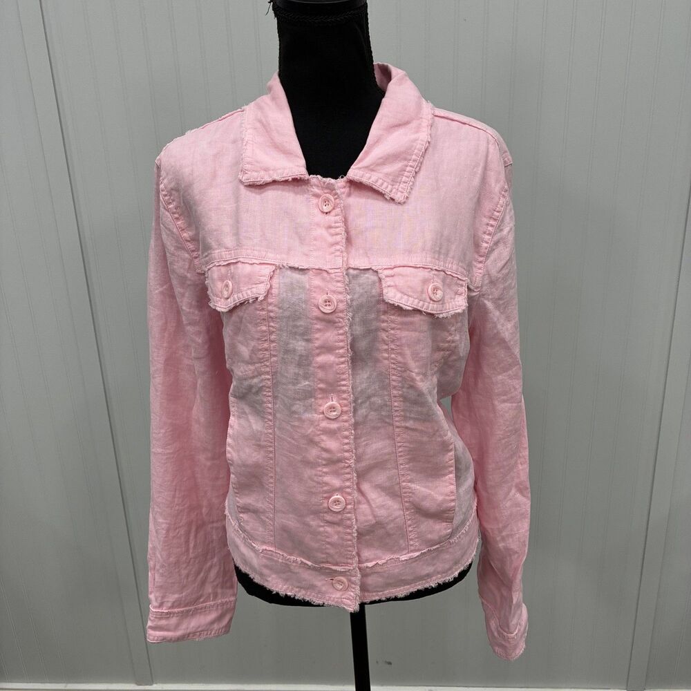 Tommy Bahama Linen Jacket Womens XL Pink Button Up Distressed Raw Hem